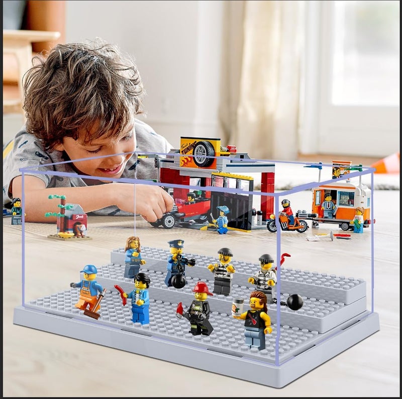 Pokiiulk 4 Pack Display Case for Minifigure Action Figures Blocks, Acrylic Minifigure Display Case Box Storage with 3 Movable Steps Gift for Kids Adults (Grey) - Image 5